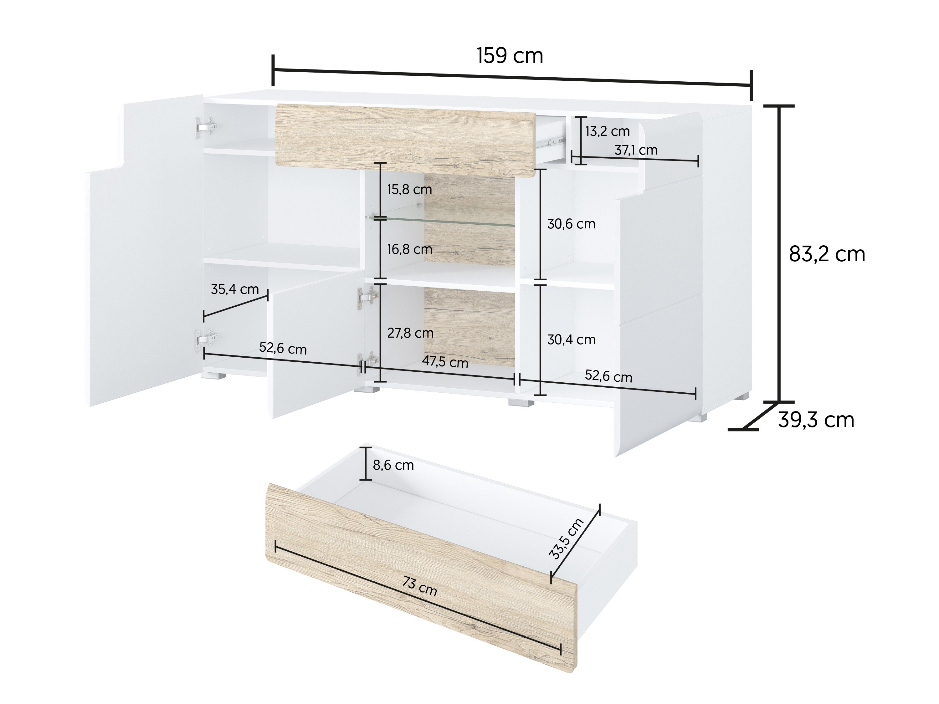 Kommode Torsone 108 (Hvit + Høyglans hvit + San Remo eik)